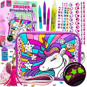 Decorate Your Own Unicorn Crossbody Bag Kit – Unicorn Gifts for Girls Age 6-8, Valentines Gifts for Girls 6 7 8 9 10-12 Year Old Girl – Birthday Gift Ideas, Craft for Girl Glow in the Dark(Unicorn Crossbody Bag)