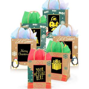 6 Brown Christmas Gift Bags Medium Size Bulk, 8″ with Scratch Paper Panel for Personalized Messages & Tissue Paper – Small Holiday Bags for Gifts, Secret Santa Holiday Gift Bags with Handle(Christmas Gift Bags)