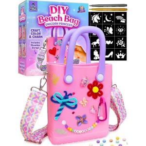 PURPLE LADYBUG Decorate Your Own Beach Tote Bag – Personalized Unicorn Princess Theme with Charms & Beads, Fun Birthday present for Kids 6 7 8 9 10 11, Craft for Girls 8-12, Fun DIY Craft Kit